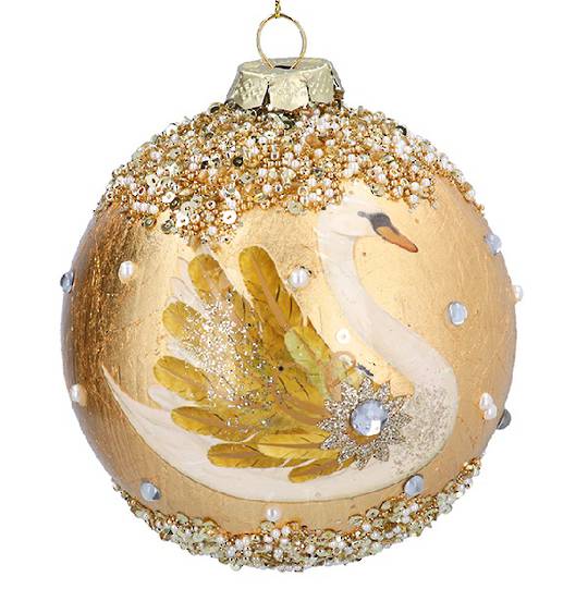 Glass Ball Large Gold, Jeweled Swan 10cm *ETA Nov